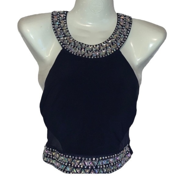 B. DARLIN TOP CROPPED SEQUINED HALTER TOP NAVY SIZE 4 - Picture 1 of 9
